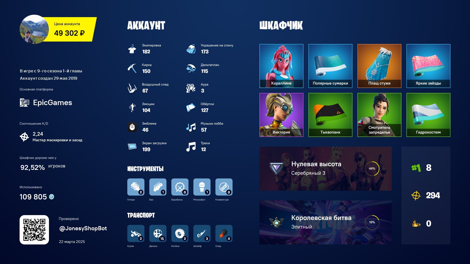 🎨 182 скина | 🌟 Fortnite аккаунт