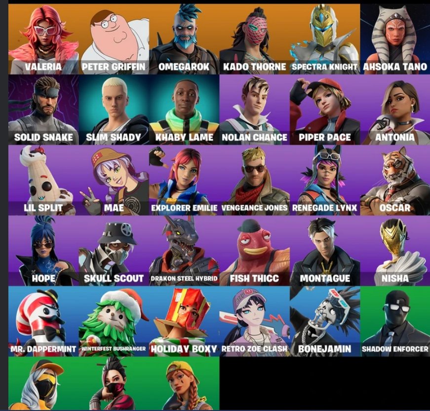 FortniteValeria|Питер Гриффин|Омегарок|Кадо Торн|Светящийся Рыцарь|Асо́ка Тано|50 VB/ЭКРАНОВ