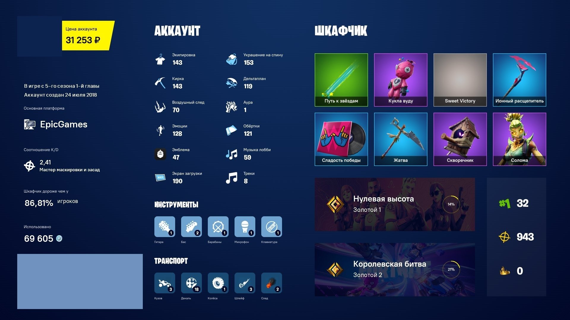 💥143 skins | 🌟 Fortnite account