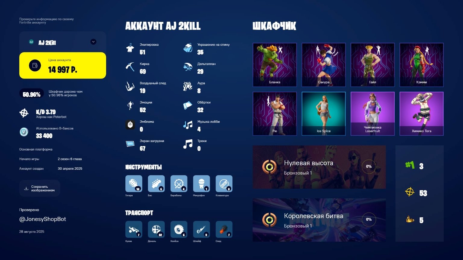 🎨 57 скинов | 🌟 Fortnite аккаунт